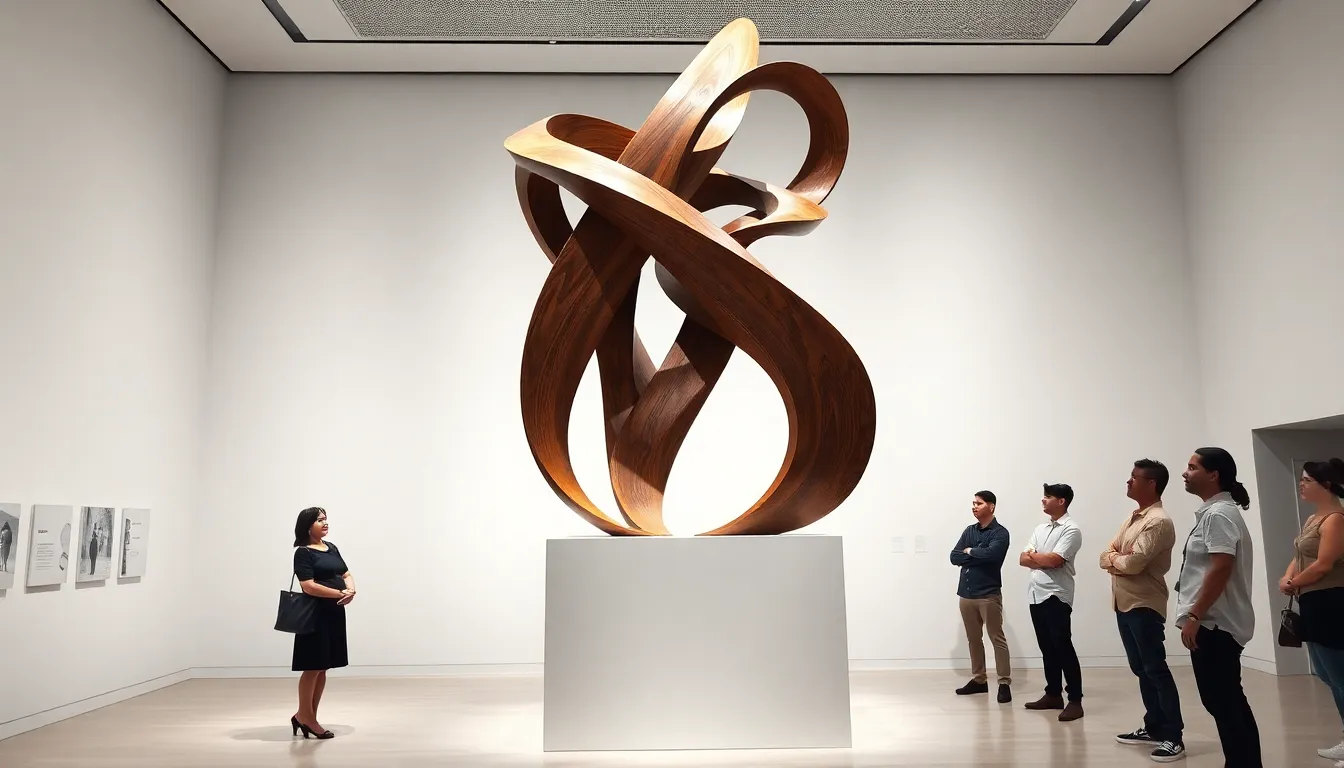 people admiring an abstract wood sculpture in a modern gallery.