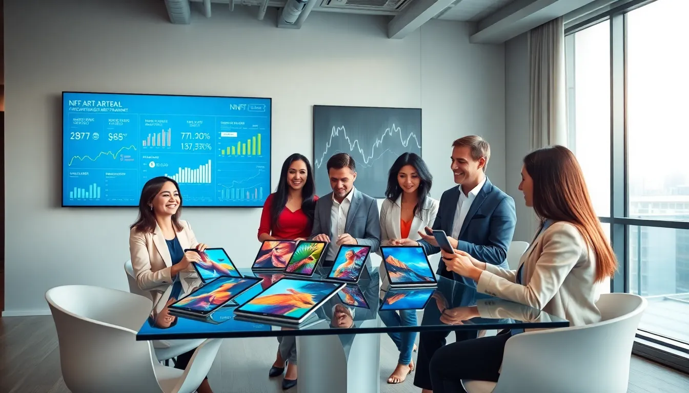 professionals discussing NFT art finance in a modern office.