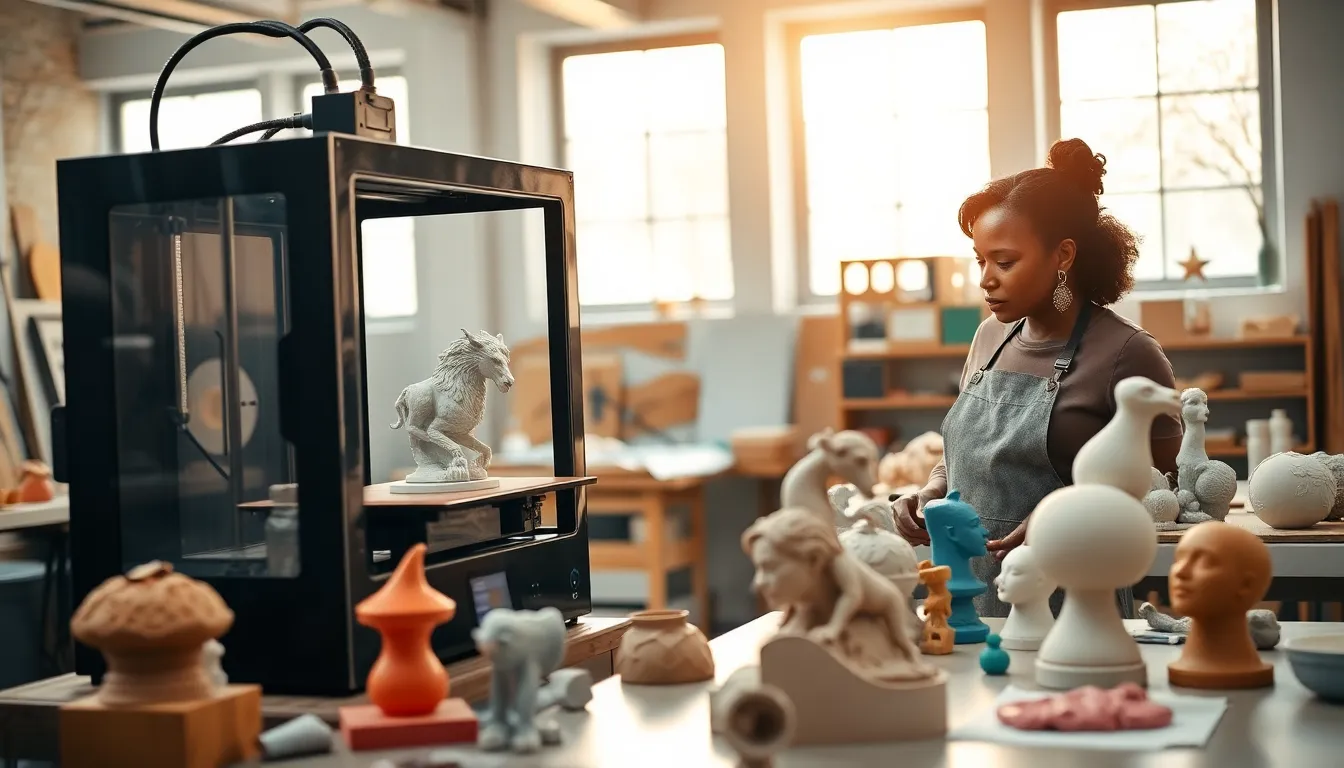 Artist working with a 3D printer in a modern sculpture workshop.