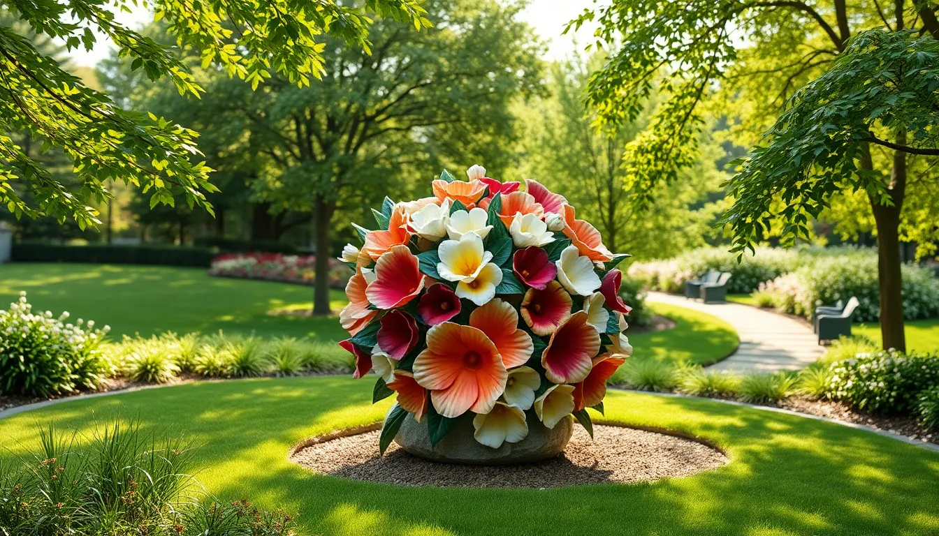 A modern flower sculpture in a serene garden setting.