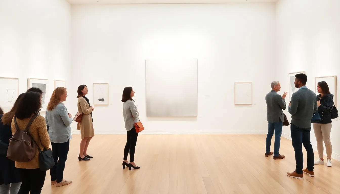 people admiring contemporary minimalist art in a gallery.