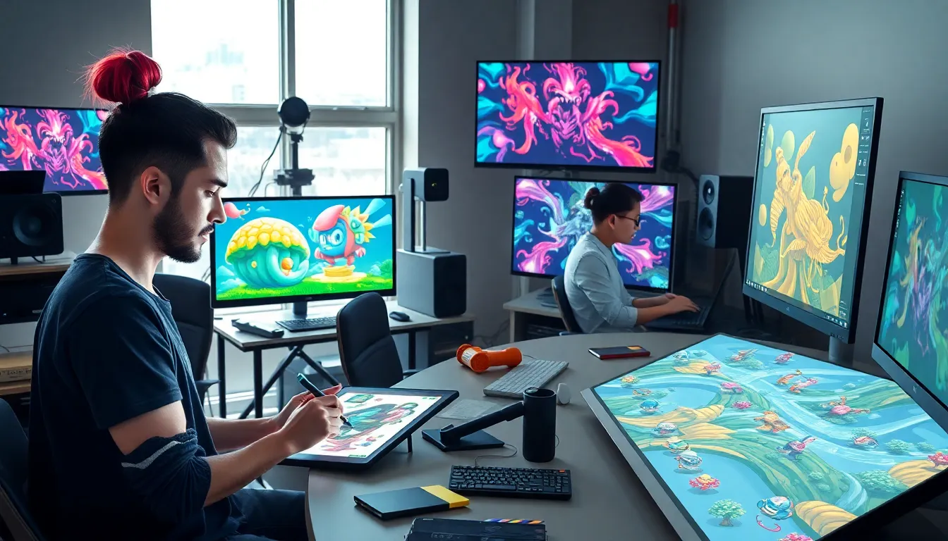 diverse group of artists collaborating on pixel art in a modern studio.