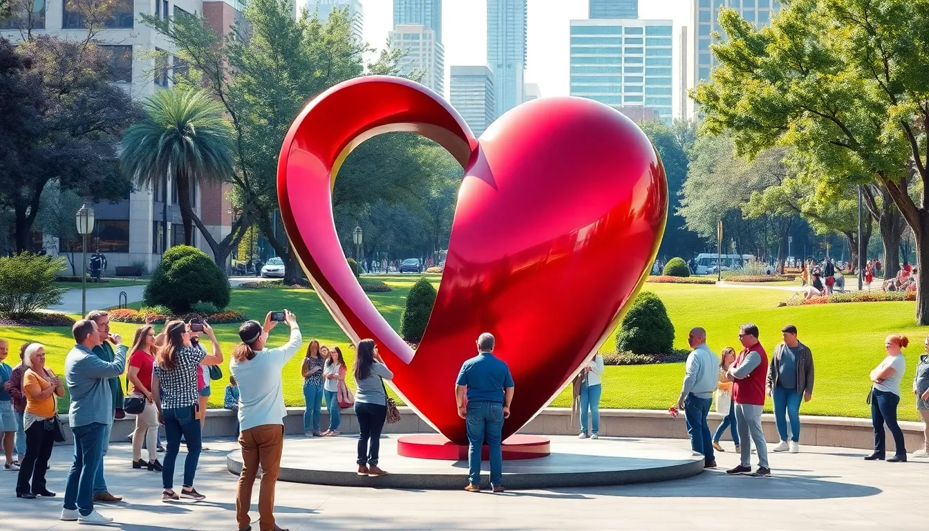 modern heart sculpture in a public park with people admiring it.